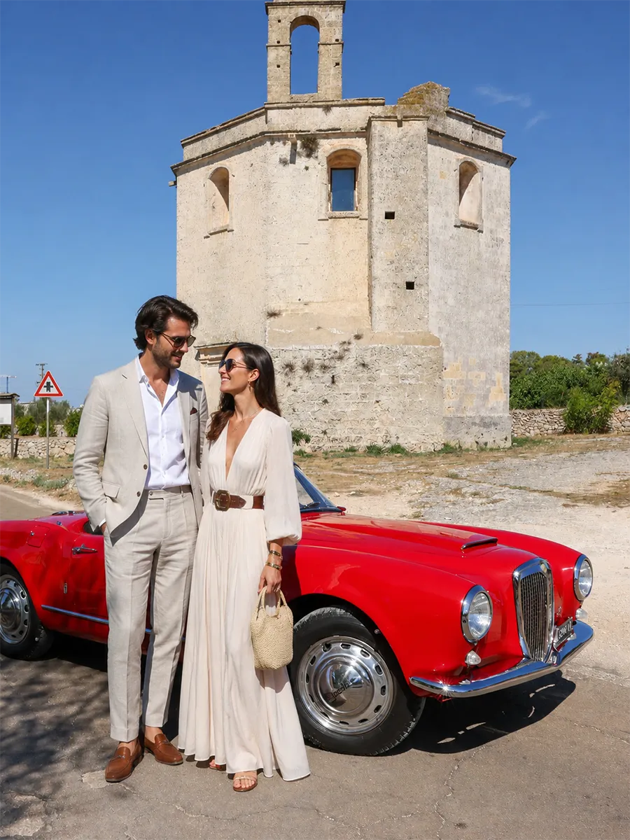 Romantic vintage car journey through the sun-drenched roads of Puglia.