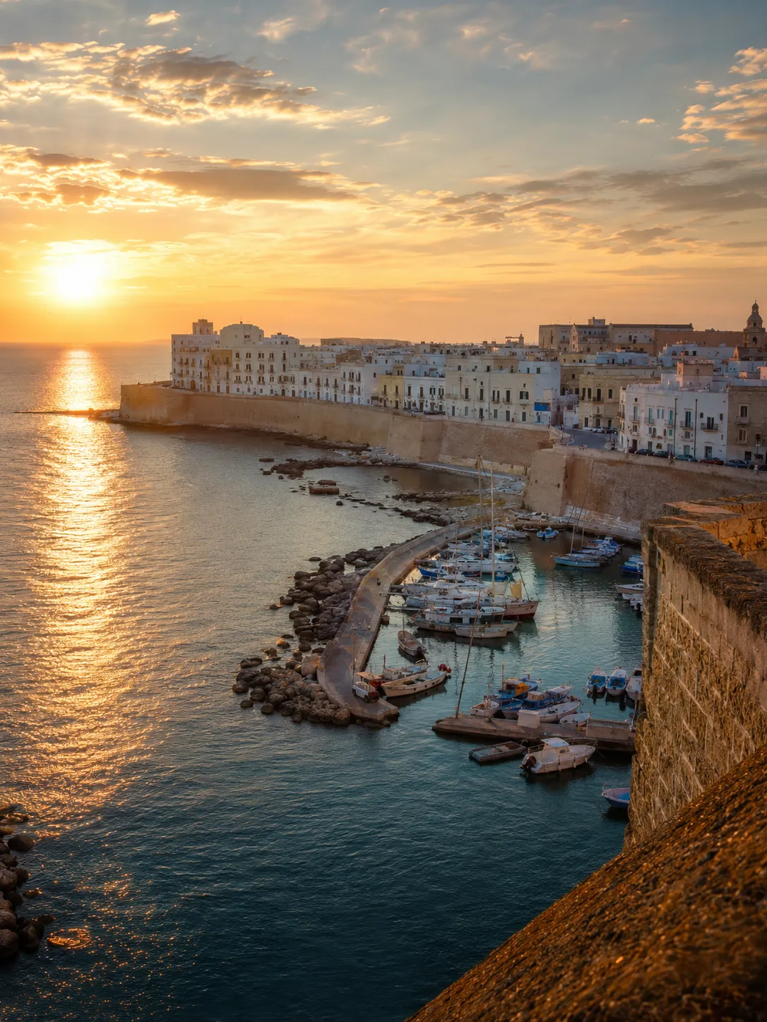 Panoramic view of a historic Salento coastal town at sunset.