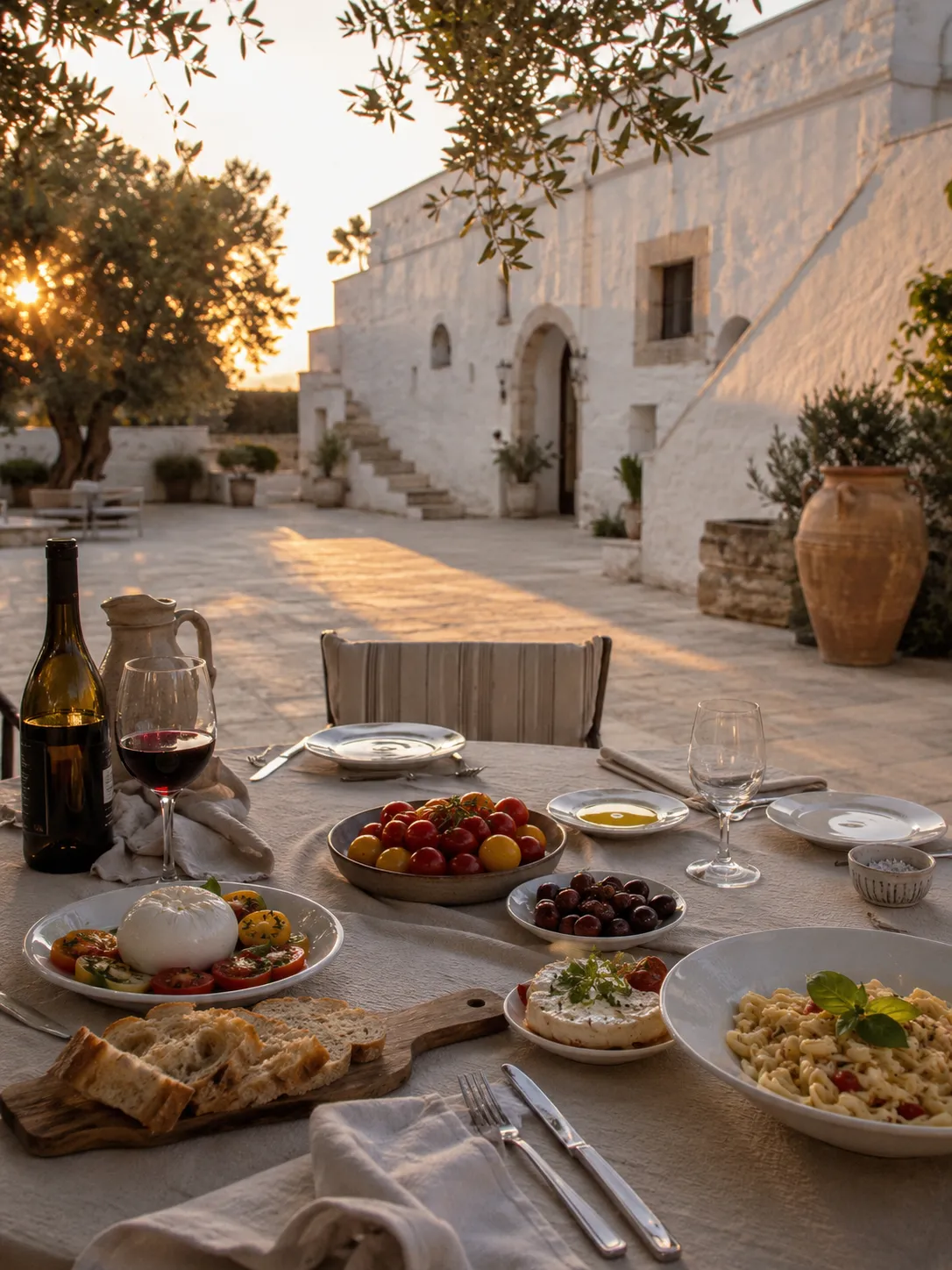 Elegant outdoor dining setup in the restored courtyard of the estate.