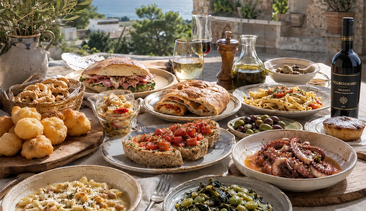 A rich table spread with traditional Apulian food, wine, and local flavors.