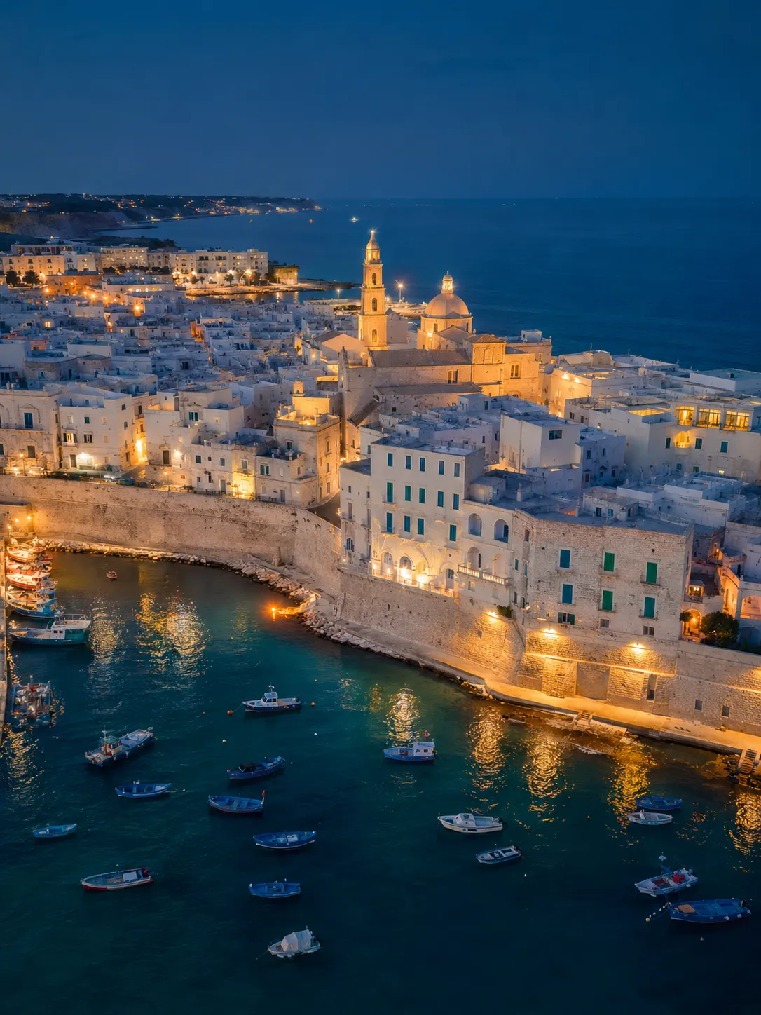 Illuminated coastal town and harbor in Salento at night.