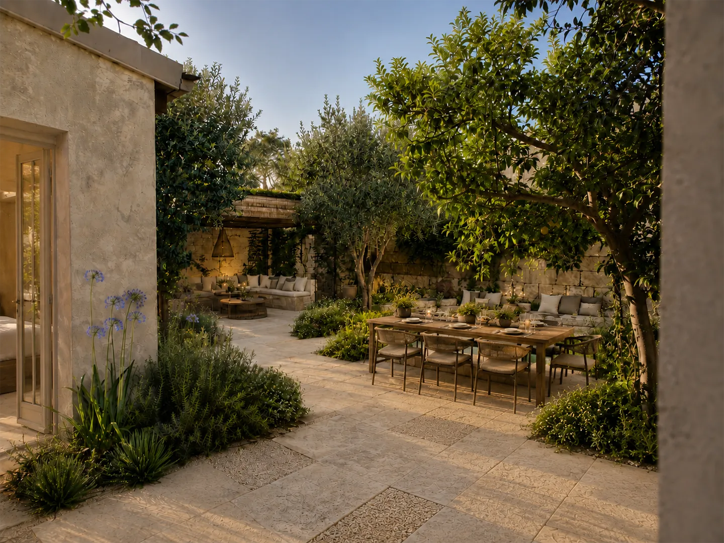 Mediterranean garden courtyard with century-old trees at Corte D'Azeglio.
