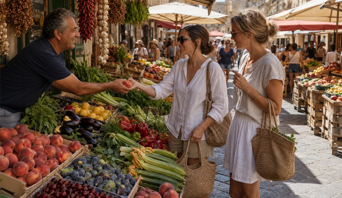 Guests buying fresh organic vegetables at a traditional morning market in Puglia.