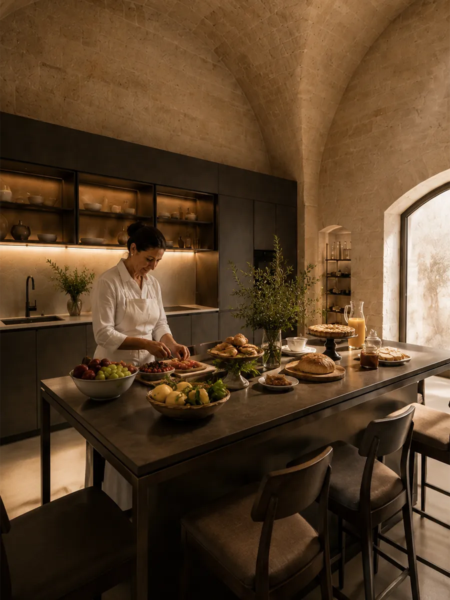 Freshly prepared morning market breakfast served in the quiet courtyard.