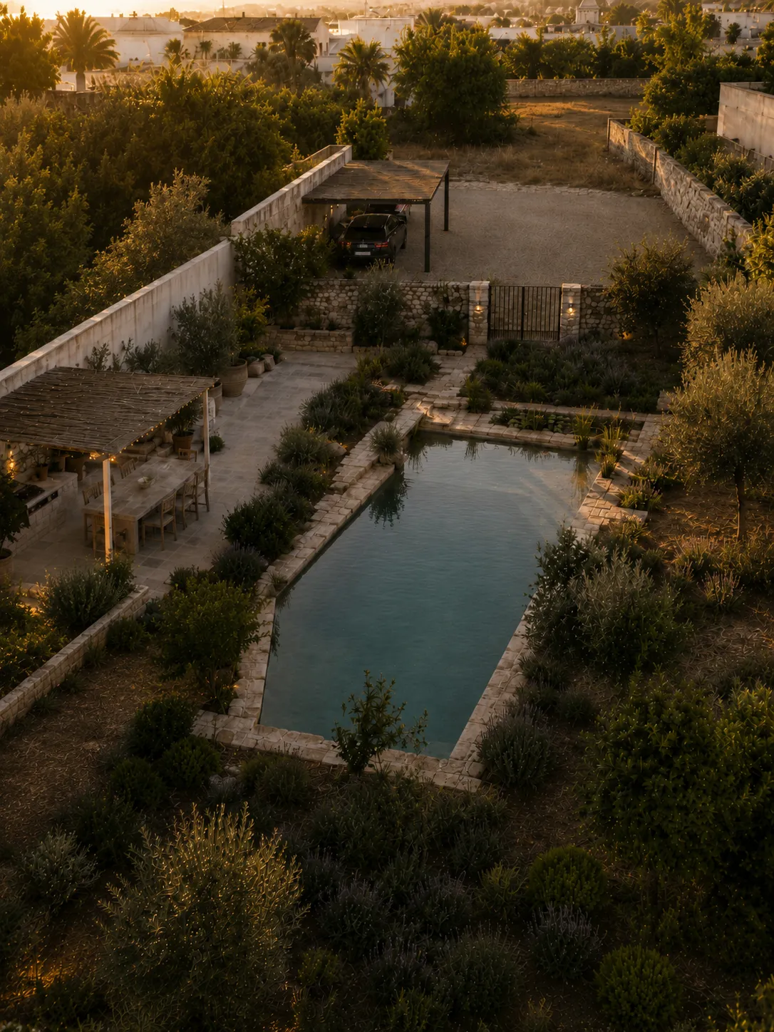 Natural stone swimming pool blending into the Mediterranean garden.