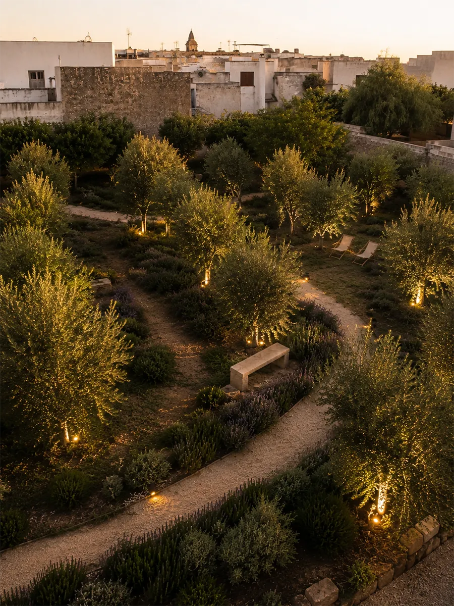Peaceful olive grove and organic garden at a luxury villa in Puglia.