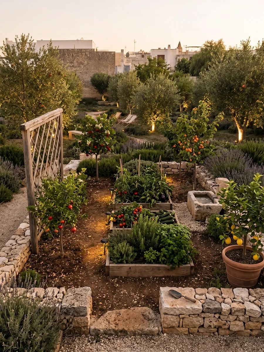 Fresh organic vegetables and aromatic herbs grown in the private garden of our Salento villa.