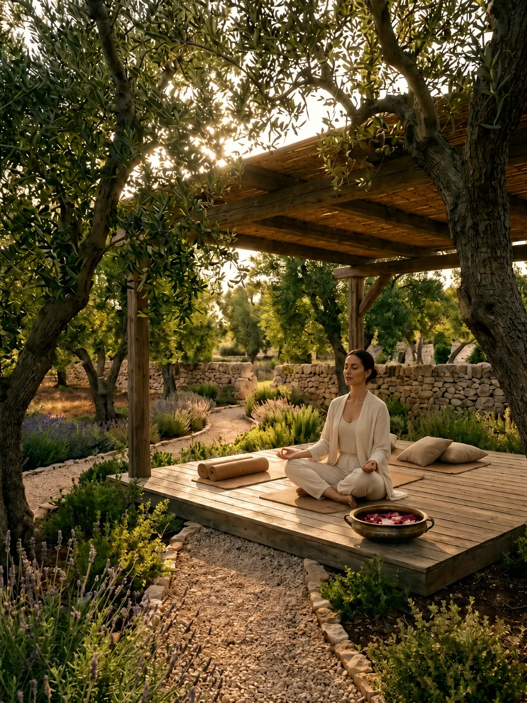 Serene outdoor meditation shala for yoga and mindful practices in the Salento countryside.