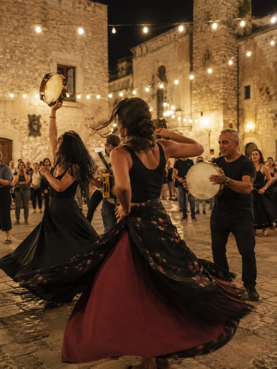 Traditional Pizzica dancers performing in historical costumes in Puglia.