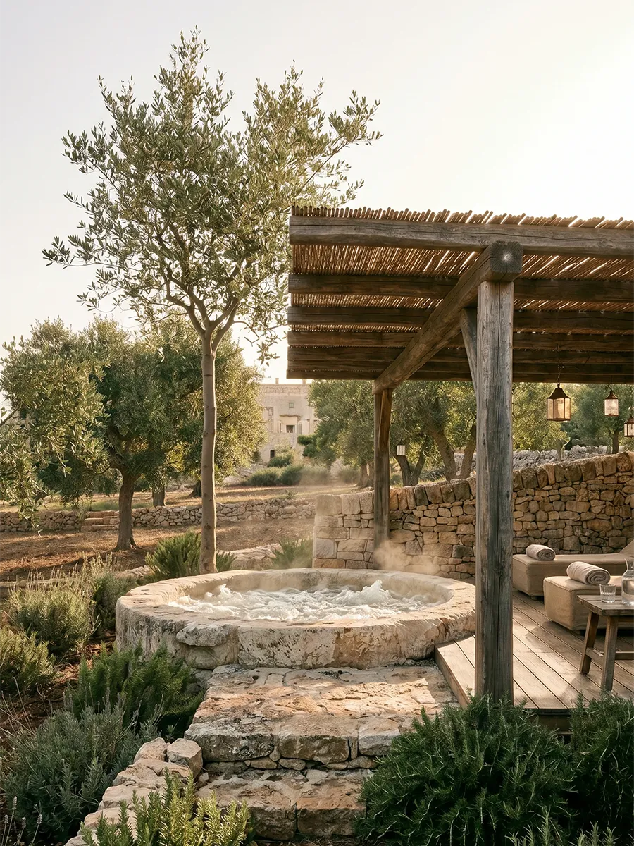 Private Jacuzzi sanctuary hidden among the olive trees at our Salento luxury retreat.