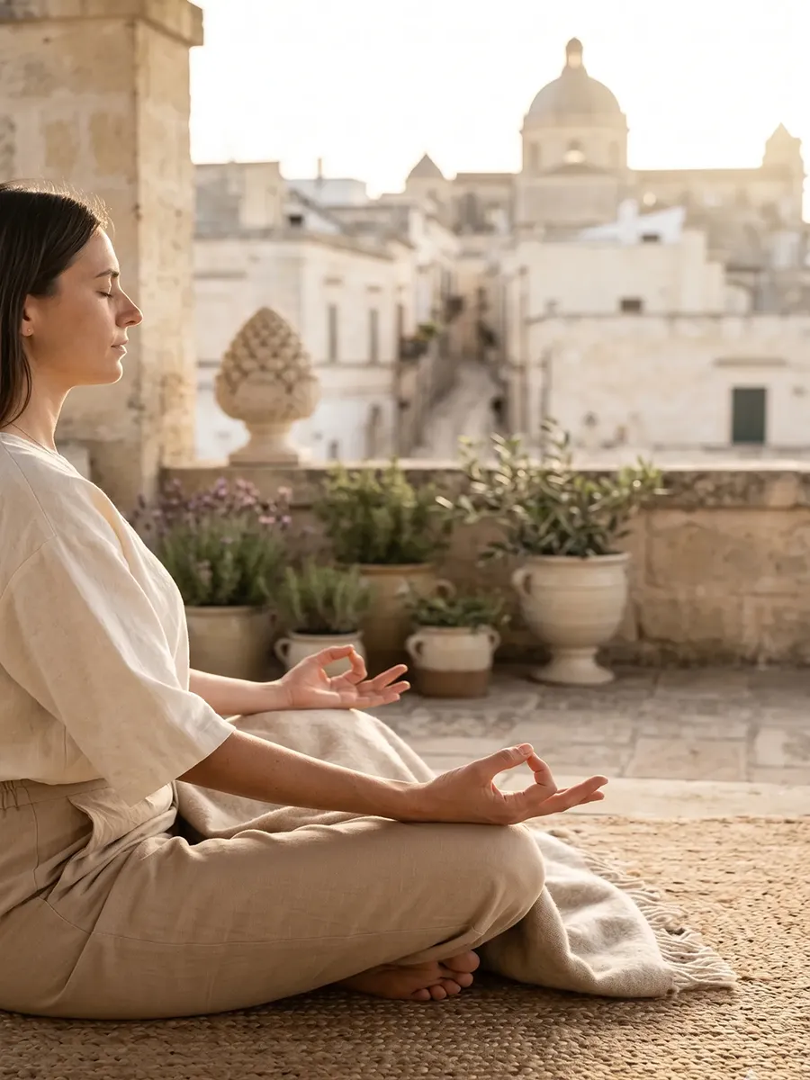 Morning outdoor private yoga session in the Mediterranean garden.