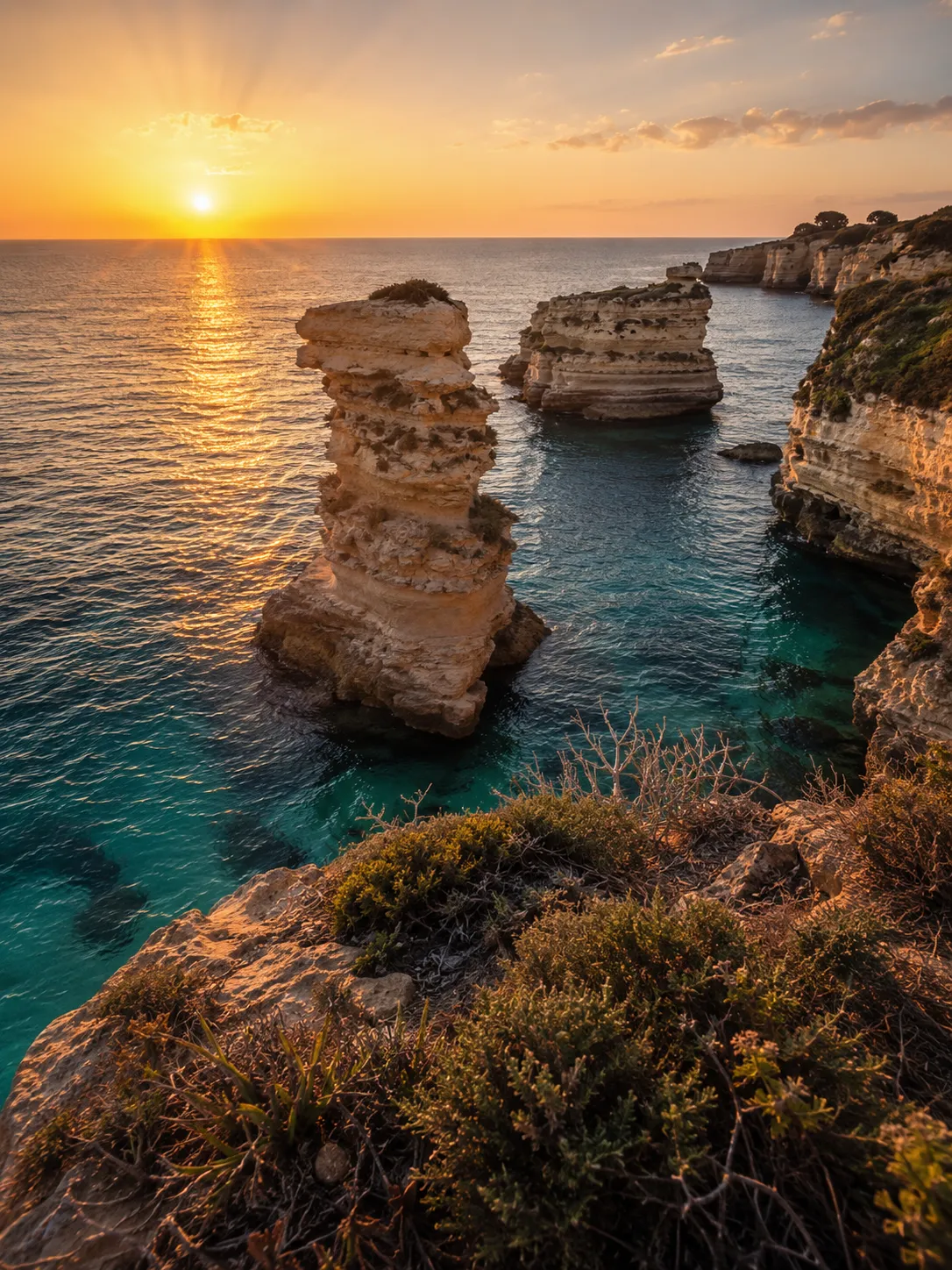 Beautiful rocky coves and crystal clear turquoise water on the Salento coastline.
