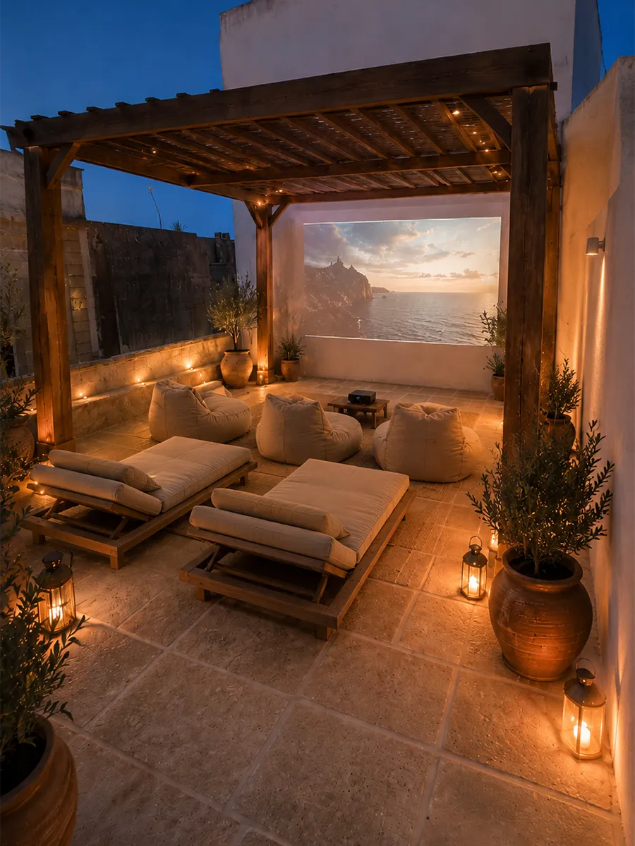 Private starlit rooftop cinema deck at Corte D'Azeglio.
