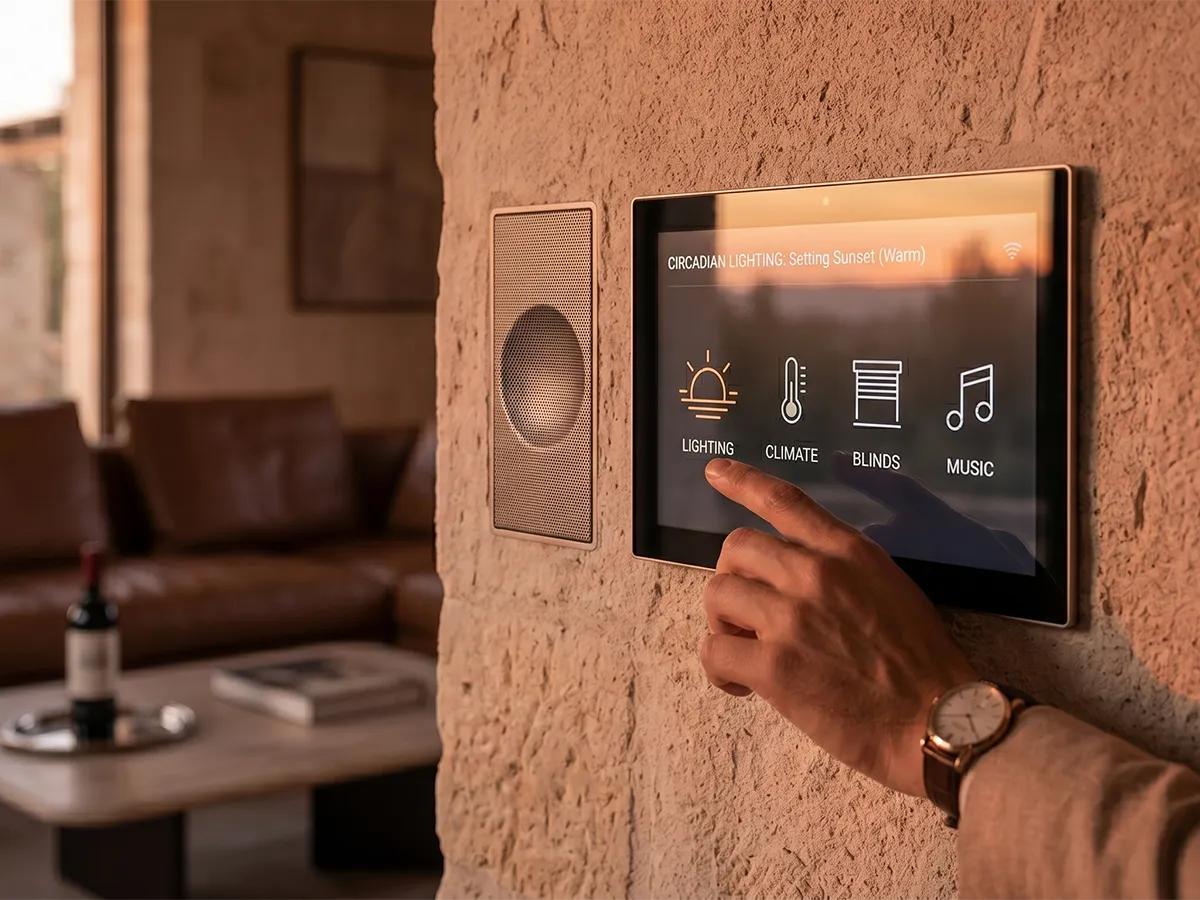 Advanced smart home system elegantly integrated into the historic architecture of the estate.