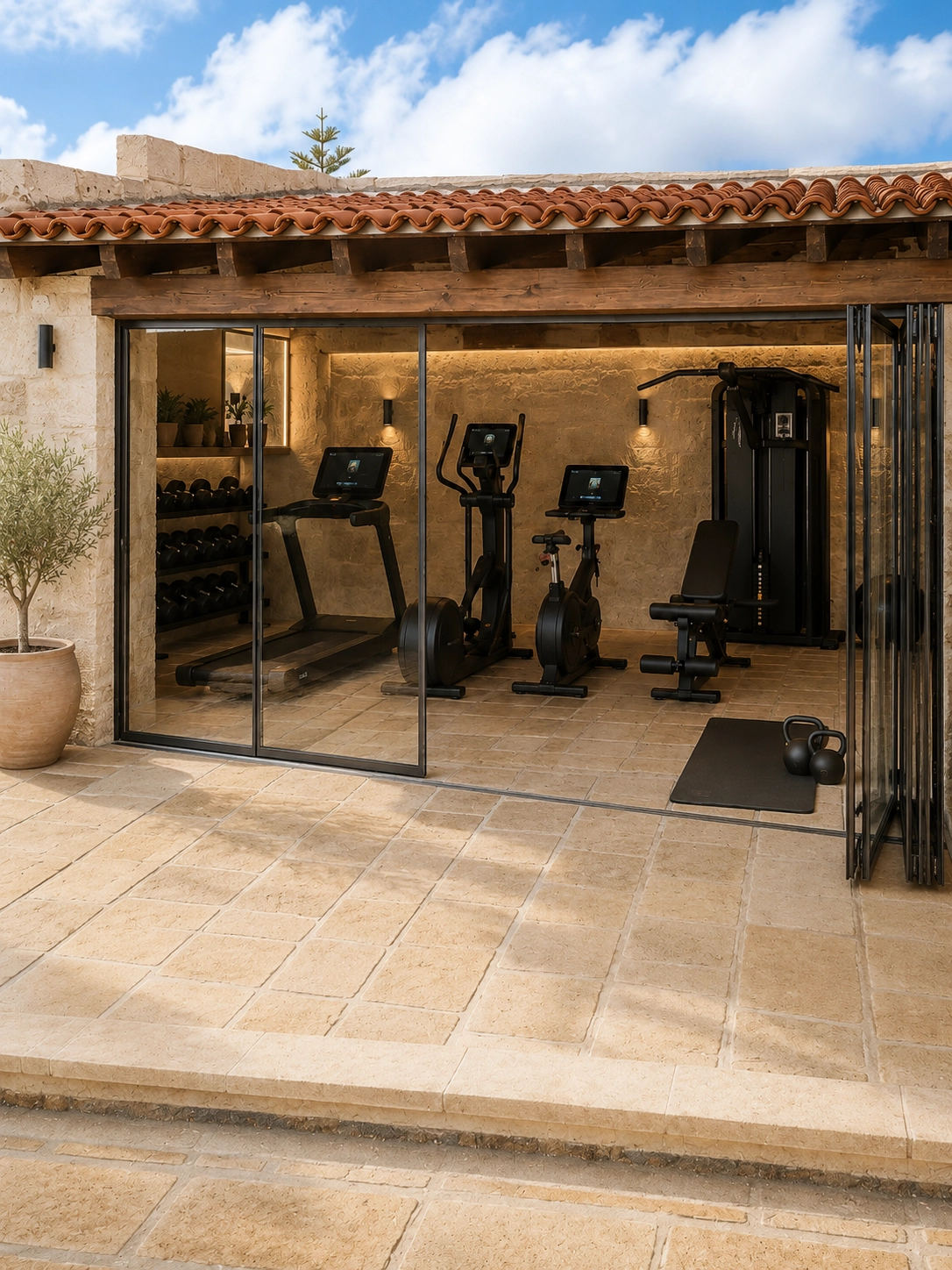 Private open-air rooftop fitness deck with Technogym equipment.