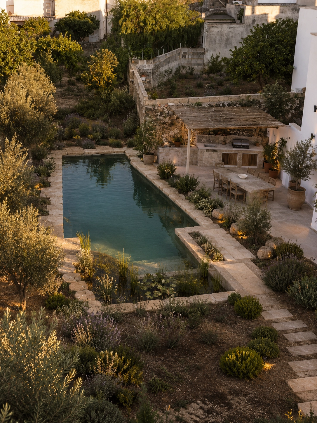 Natural stone swimming pool surrounded by greenery at our Puglia luxury retreat.