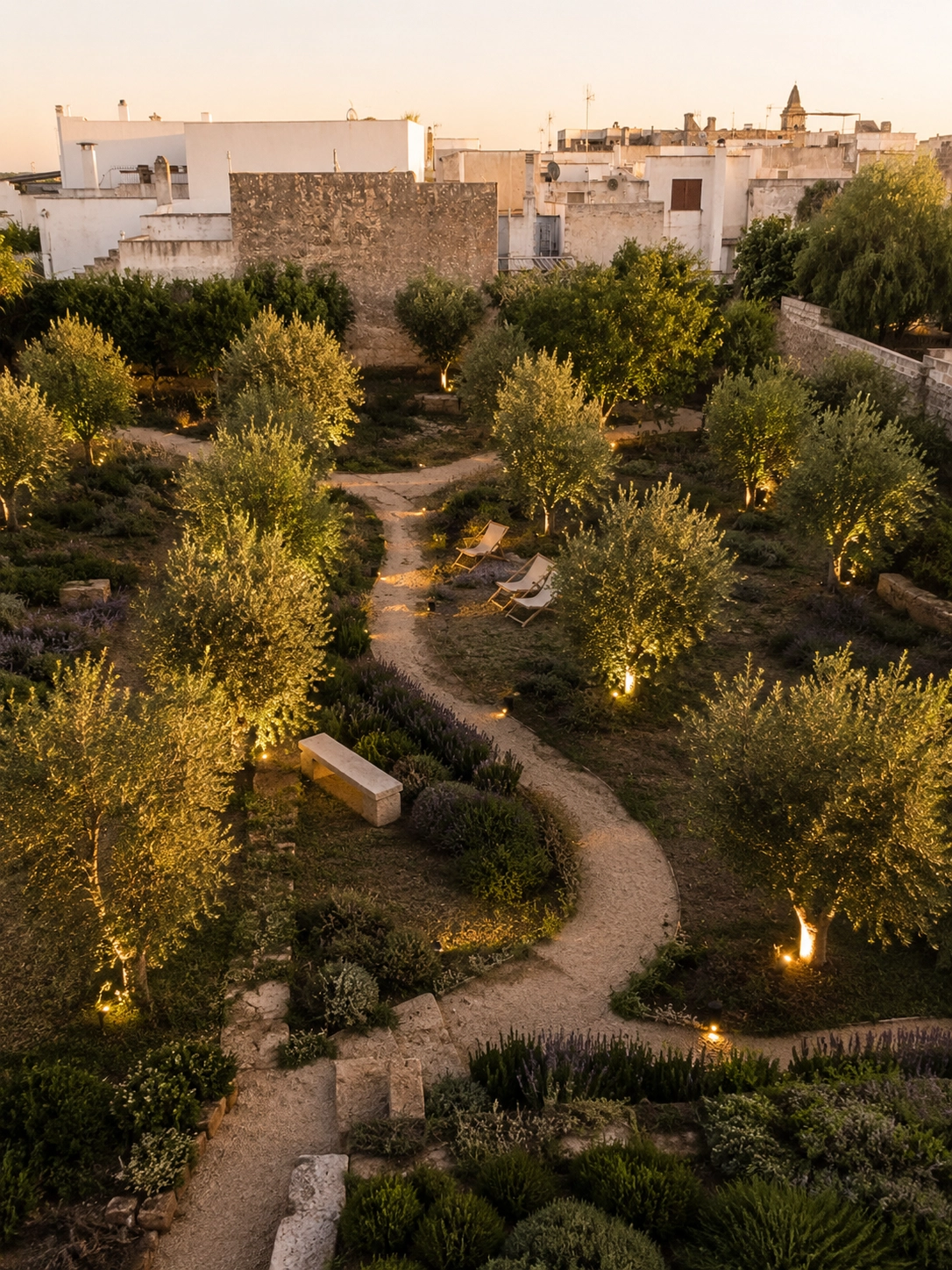 Peaceful olive grove and organic fruit trees in the Salento countryside.