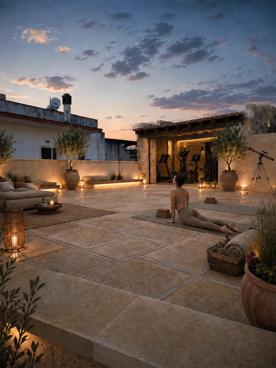 Private rooftop fitness deck for outdoor wellness and recovery.