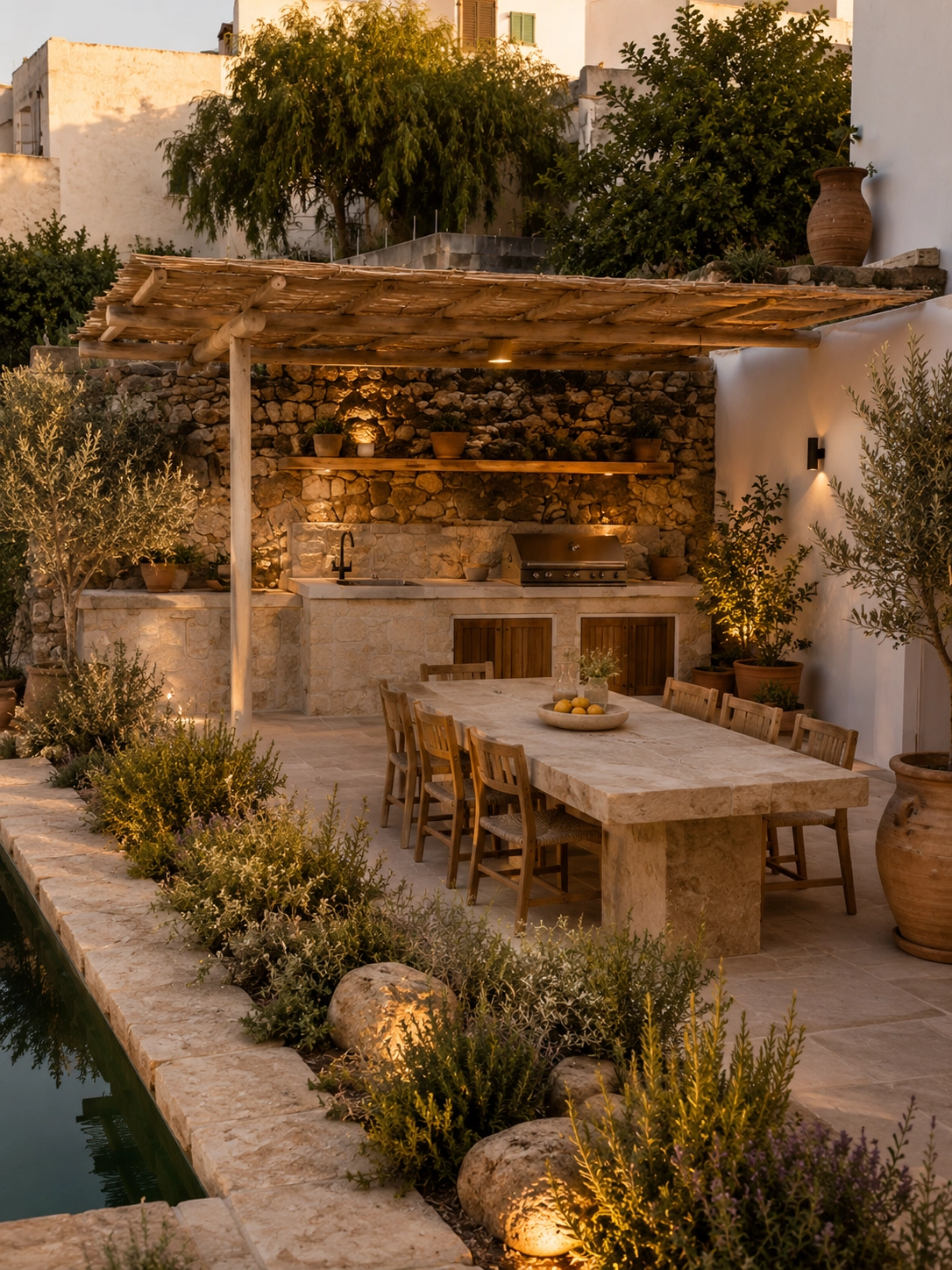 Poolside outdoor kitchen and dining area for summer lunches.