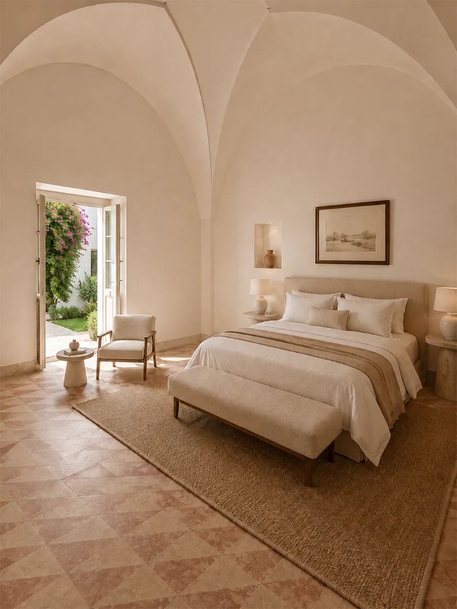 Quiet luxury ensuite bedroom at Corte D'Azeglio private residence.