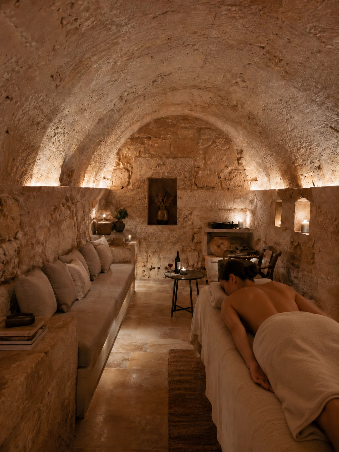 Restored underground stone vault lounge for quiet relaxation and reading.