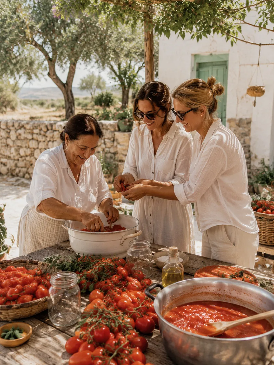 Traditional Puglia tomato sauce making experience at the villa.