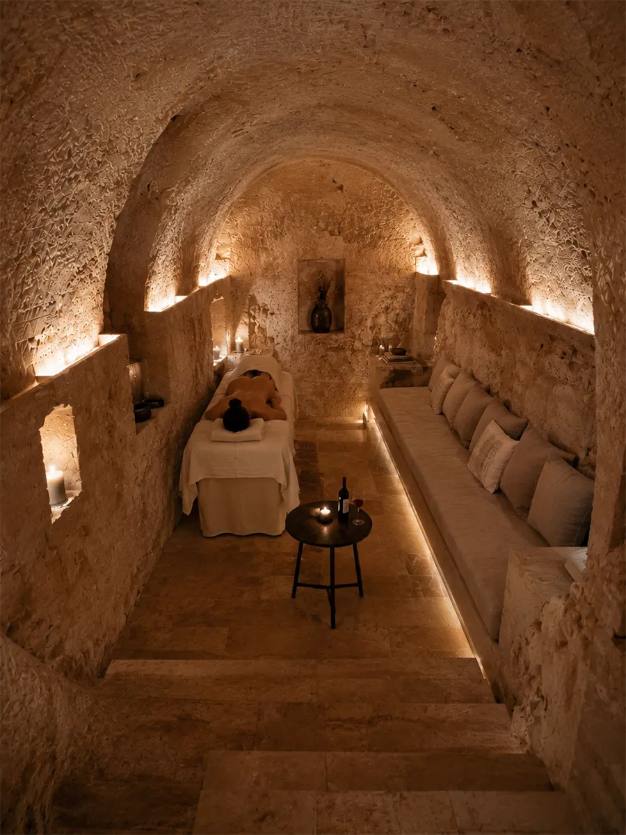 Underground vault relaxation lounge for massage and quiet moments.