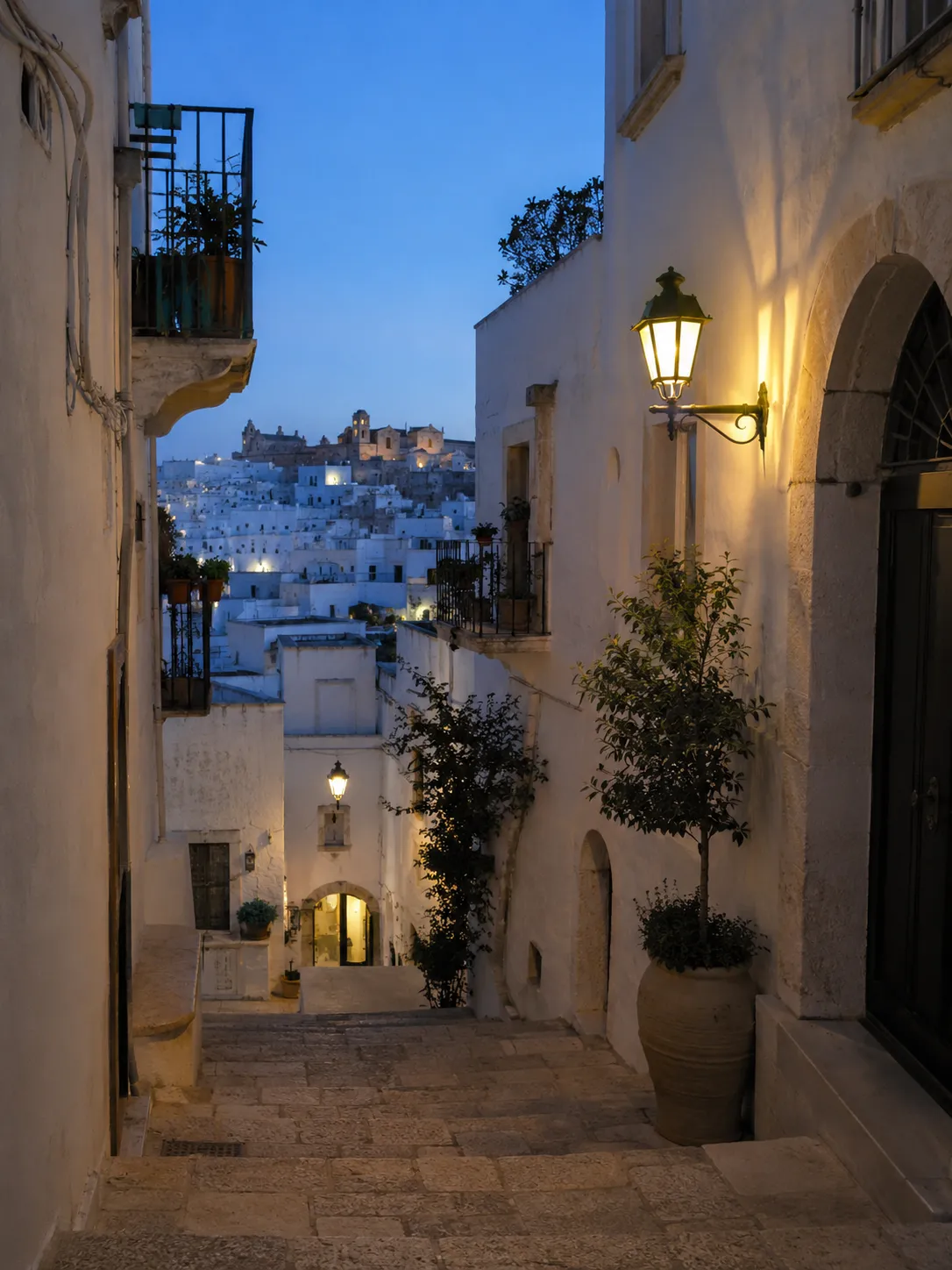 Charming whitewashed alley with Mediterranean plants in a traditional Apulian village.